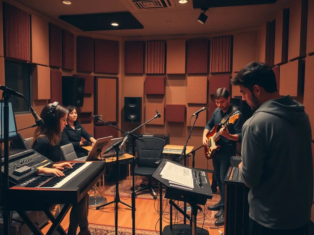 An image of a diverse group of musicians collaborating in a modern recording studio, showcasing various instruments and recording equipment.