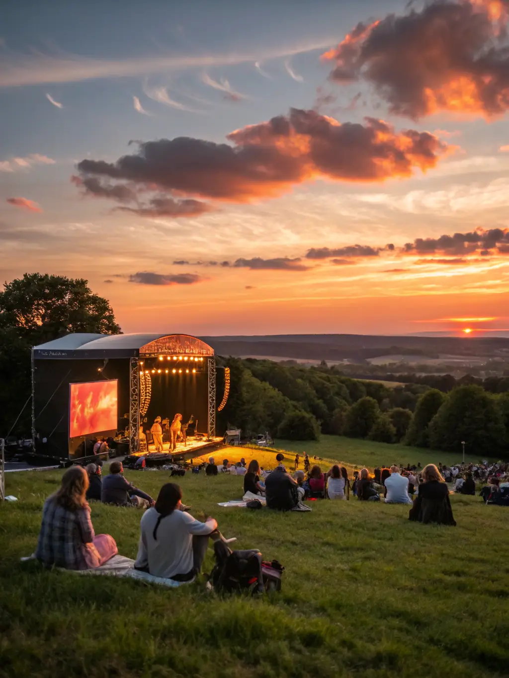 A vibrant scene from a community music festival organized by BEATS AND SAMPLES RECORDS, featuring local artists performing on stage and a diverse audience enjoying the music.