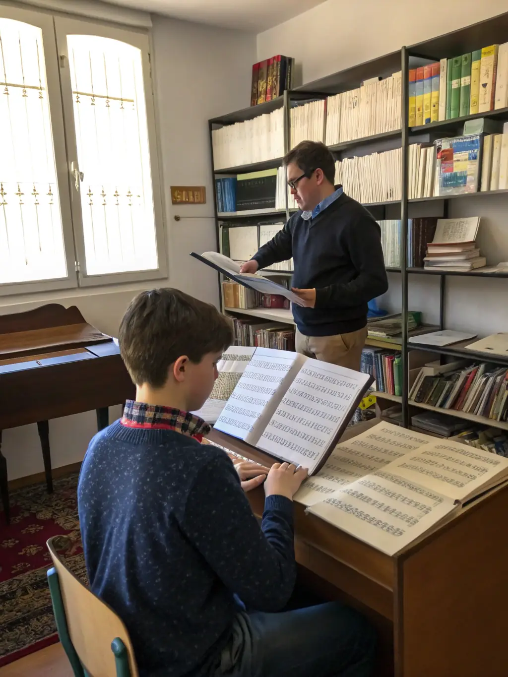 A classroom setting where participants are learning about music theory and composition from a qualified instructor, highlighting the educational aspect of the 'Music Education Workshops' offered by BEATS AND SAMPLES RECORDS.