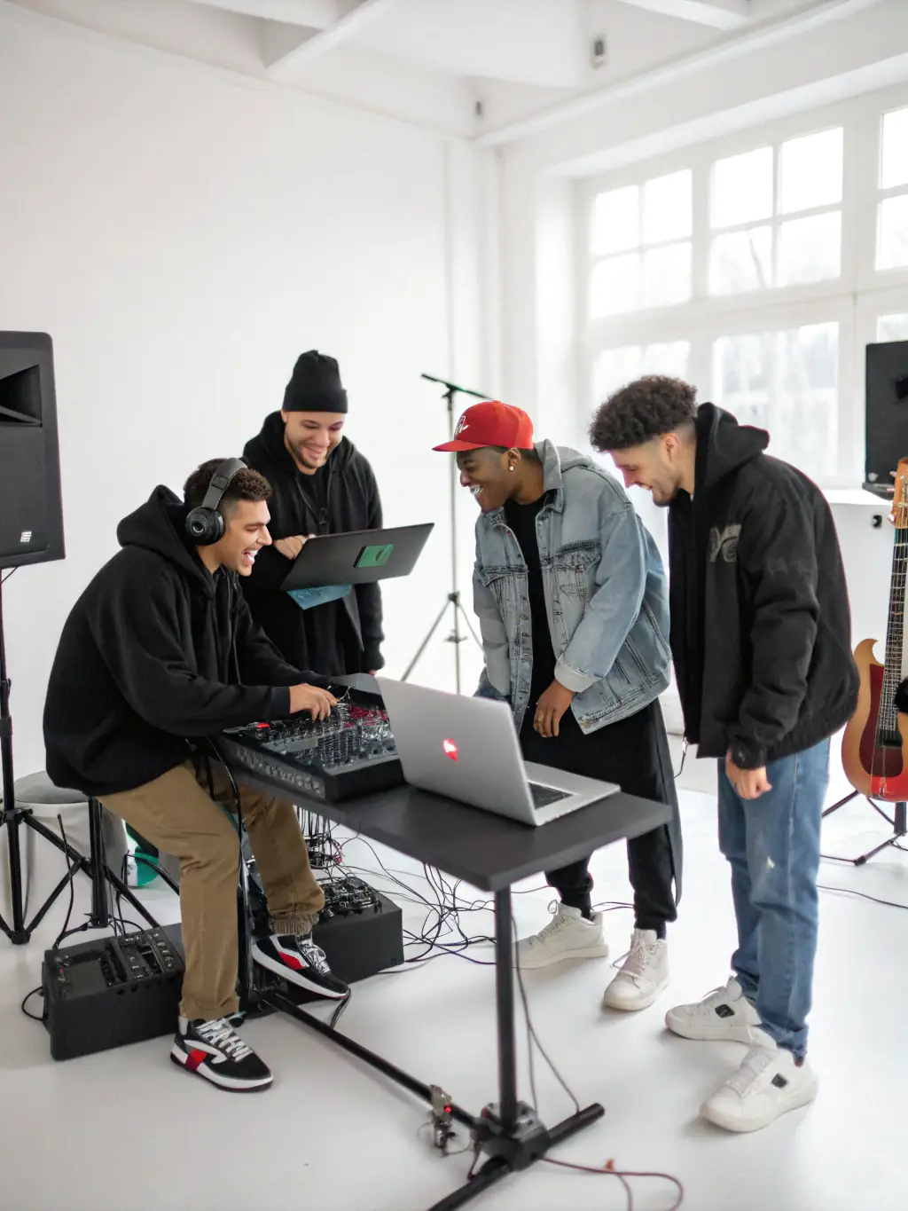 A diverse group of young musicians collaborating in a modern recording studio, surrounded by instruments and recording equipment, showcasing the collaborative spirit of the 'Youth Music Incubator' program at BEATS AND SAMPLES RECORDS.