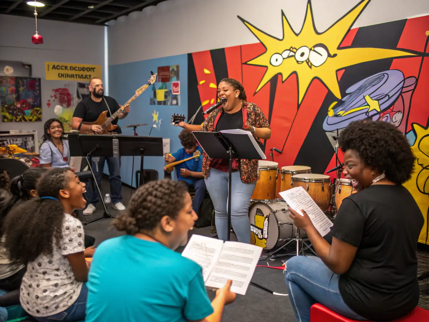 A vibrant image of a community music workshop, with participants of all ages learning to play instruments and create music together.